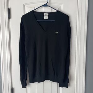 Lacoste Womens Cotton Tight-Knit V-Neck Long Sleeve Sweater Black Size 44